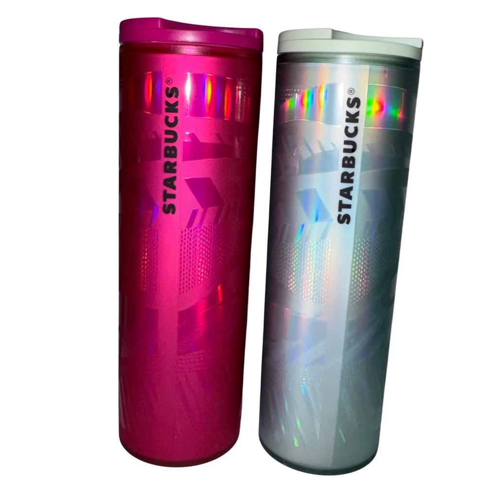 Starbucks Travel Tumbler Set 2pk 16oz Pink Mint Green Excellent Holographic EUC‎